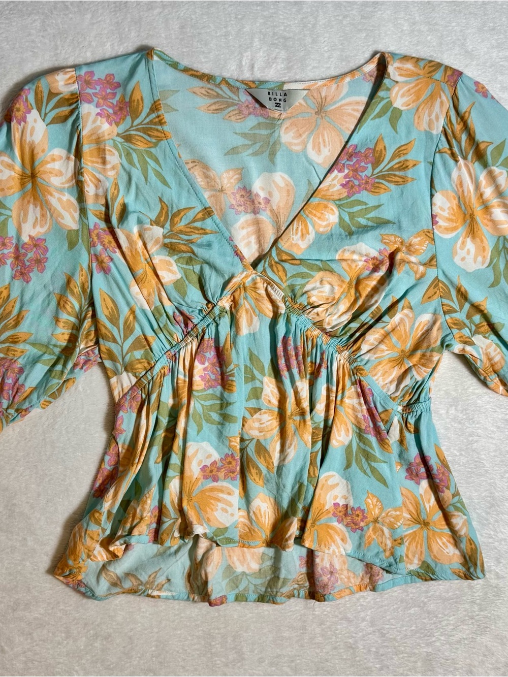 Billabong Aqua Floral V-Neck Peplum Top